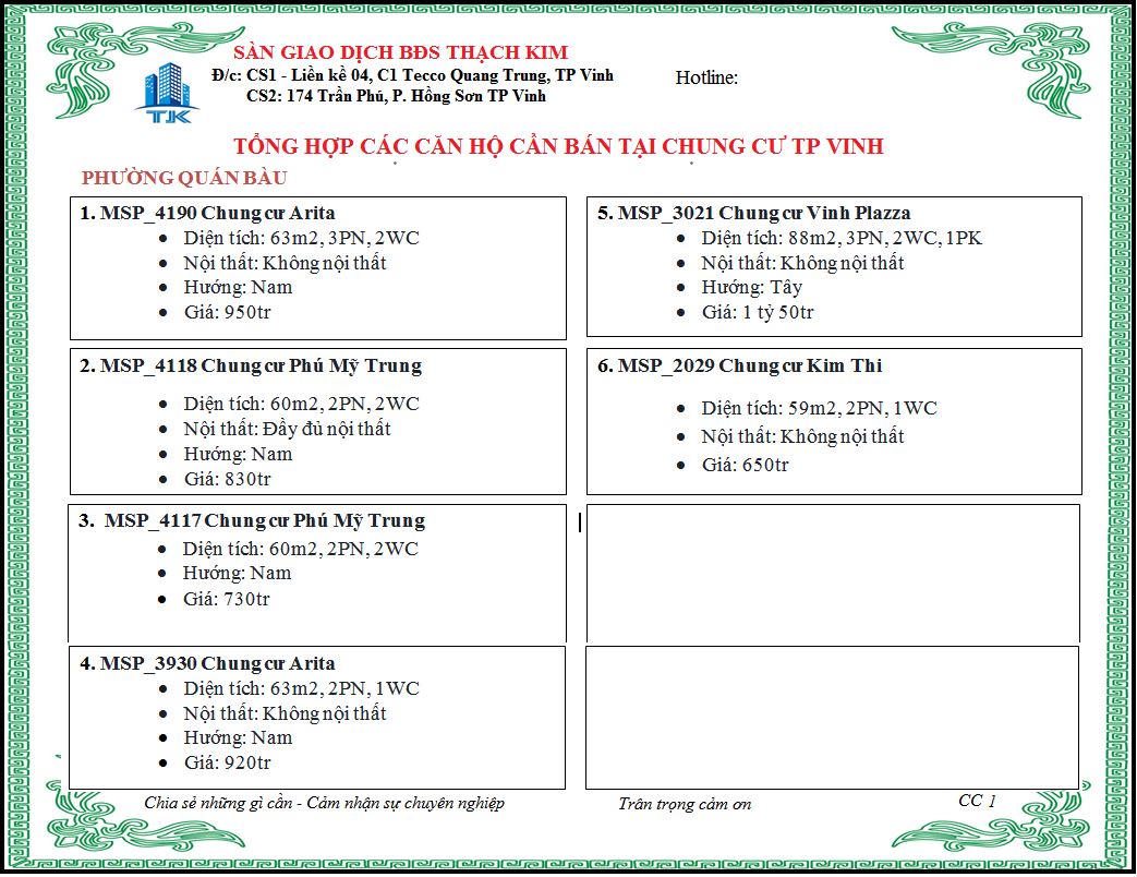 chung cư tại tp vinh